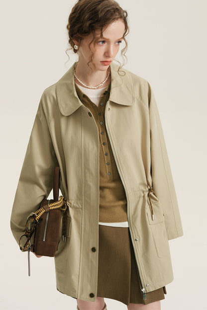 Khaki Midi Drawstring Trench Coat