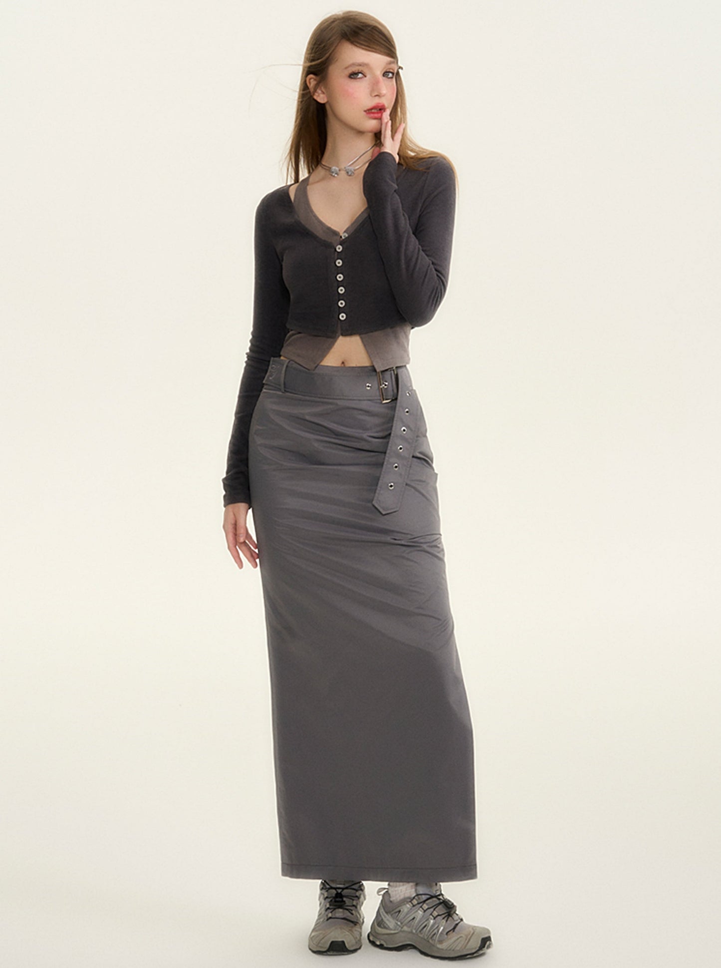 Shirred satin long pleated skirt