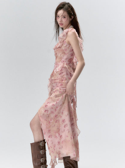 Backless Waist Floral Streamer Dress