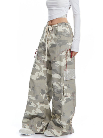 APEA American Vintage Print Drawstring Camouflage Cargo Pants 2024 Sommer Neue Loose Straight Casual Wide-leg Pants