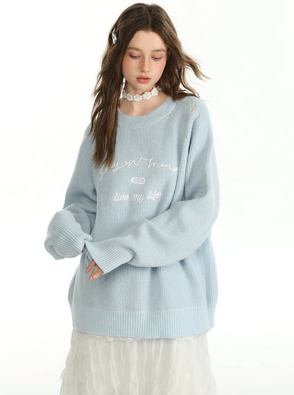 CyNi slouchy woolen embroidery basic crewneck sweater, langärmliges Pullover Oberteil, Strickwaren, lockeres Temperament und vielseitig