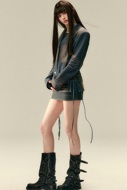 Wide Belt Cinched Denim Casual Jacket Set-Up