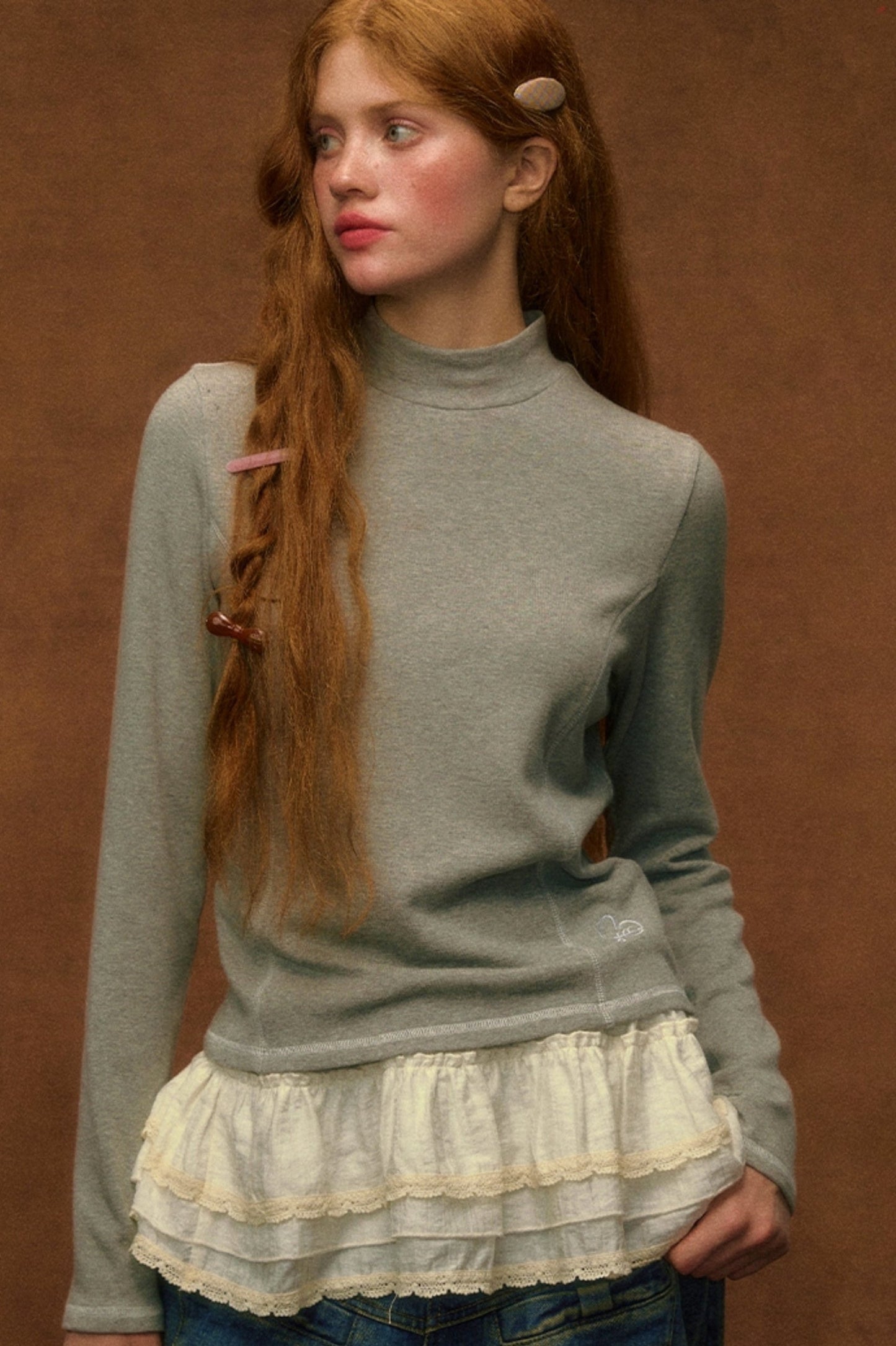 Vintage Heart Embroidered Turtleneck Top