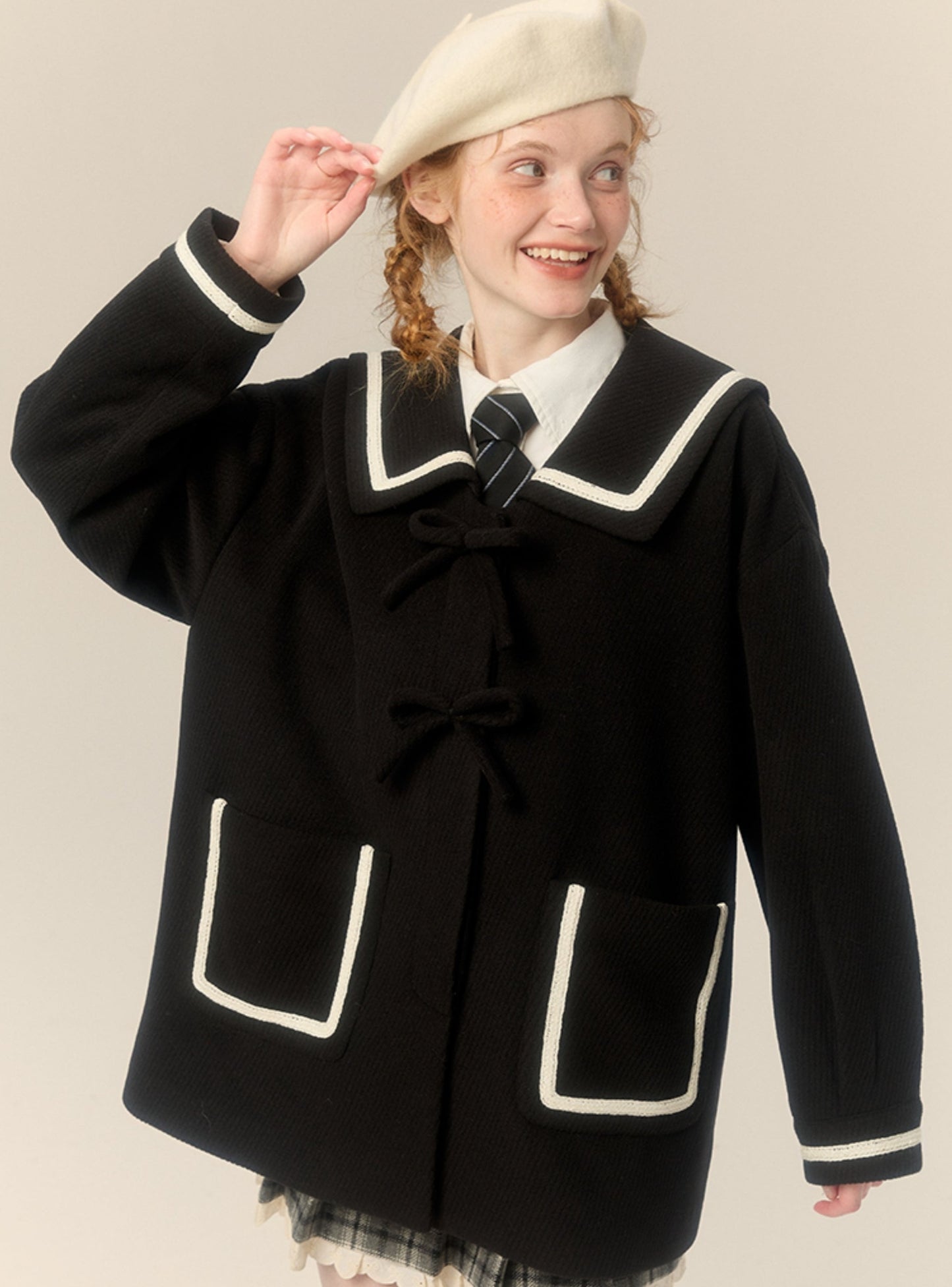 Navy collar tweed mid-length tweed jacket