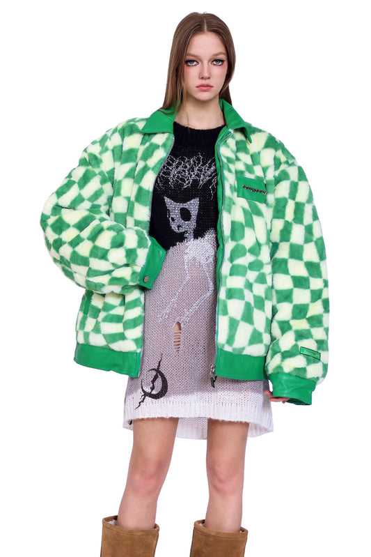 Checkerboard Plush Panel Coat