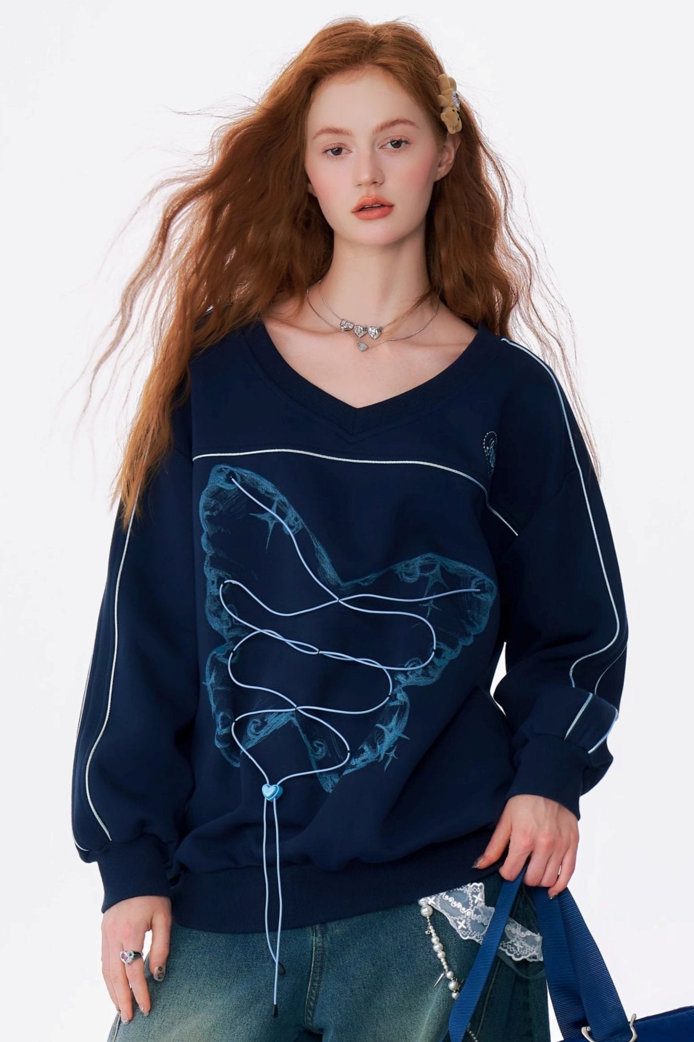 Retro Sporty V-Neck Butterfly Sweatshirt