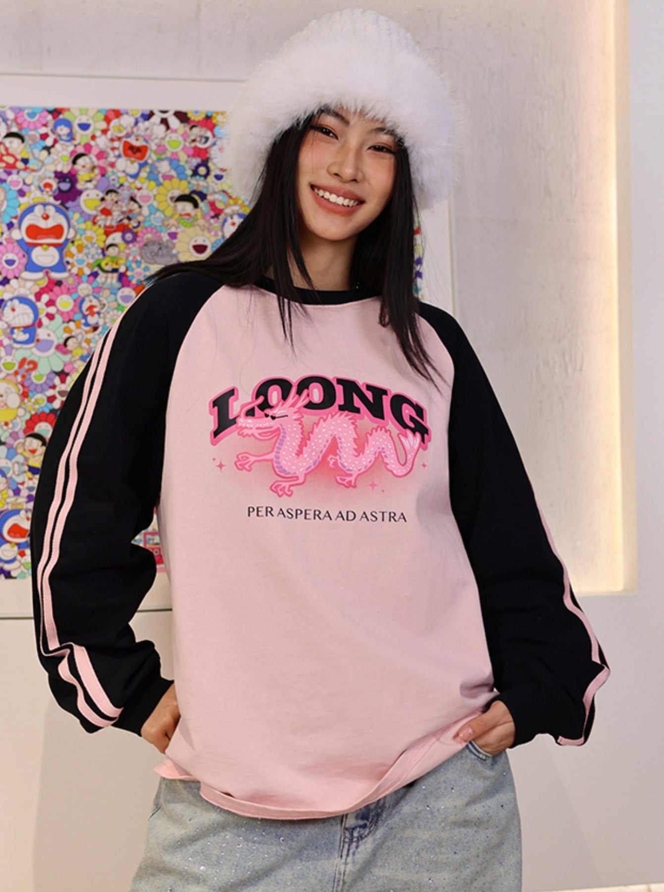 Black Pink Raglan Dragon Sweatshirt