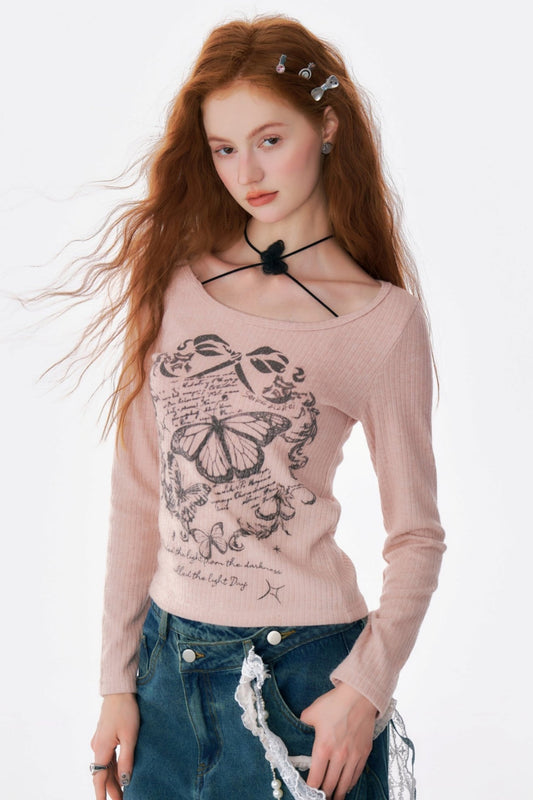 Butterfly Print Slim Halterneck Top