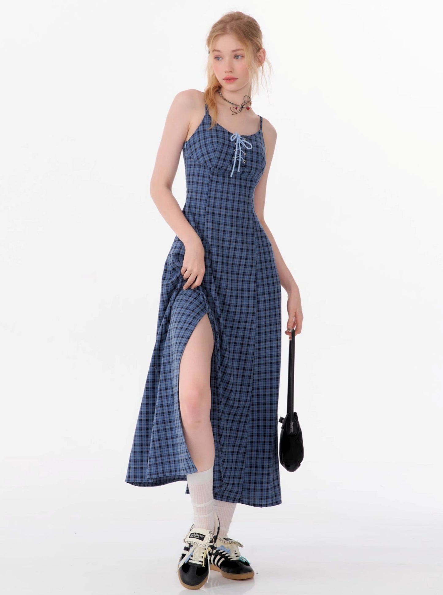 Blue Plaid Slit Strap Dress