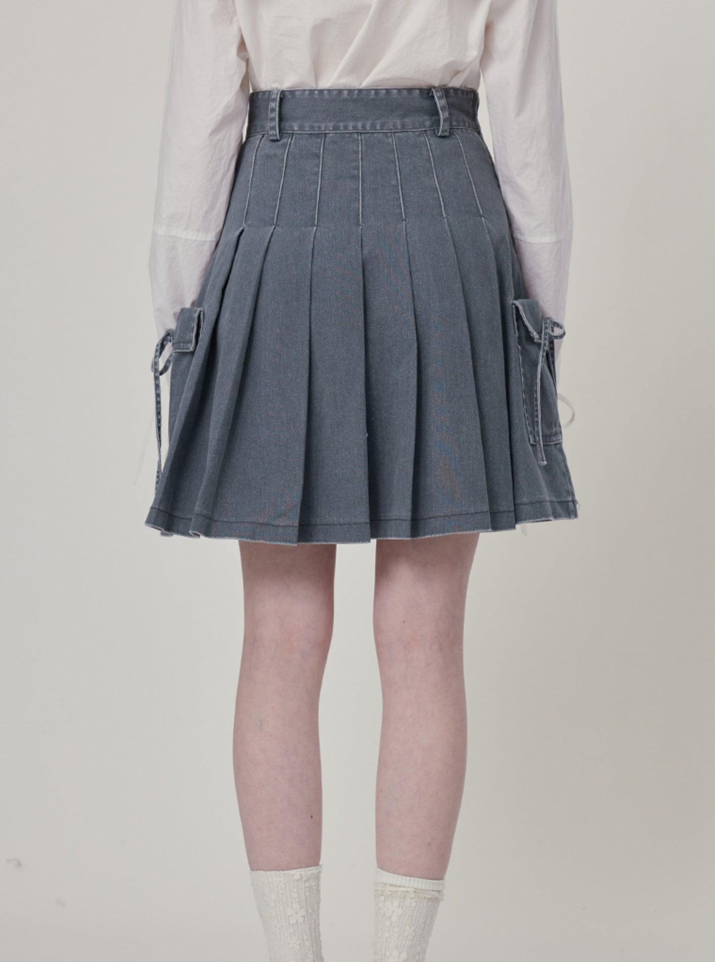 High waist slim bow pleated denim skirt set