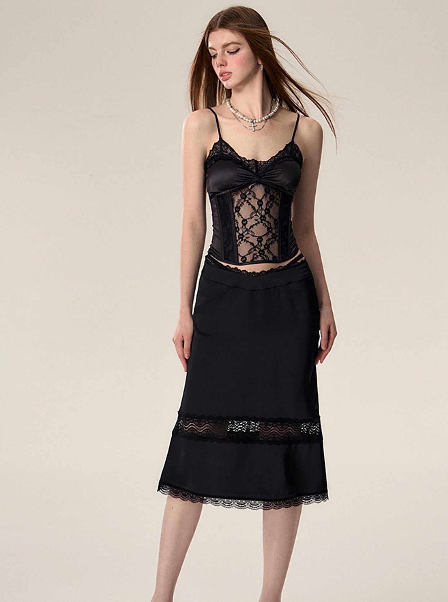 Waist Cutout Lace Stitched Skirt