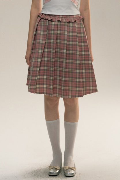 Plaid Diary Pink Lace Pleated Skirt