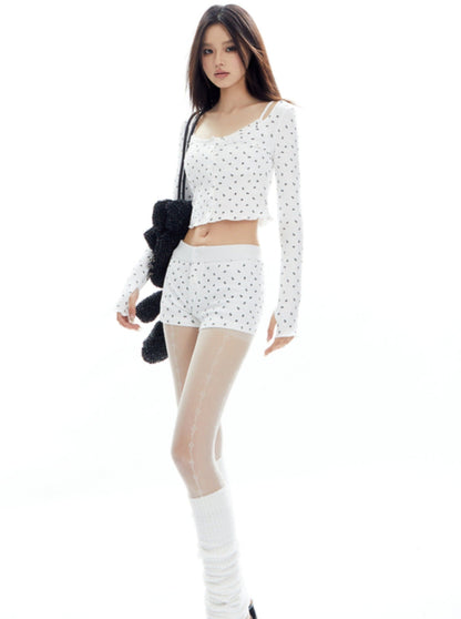 Knit Cardigan and Lace Camisole Hot Pants Set