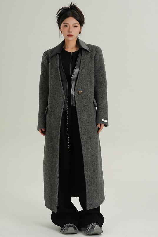 Collar Patchwork Woolen Long Coat