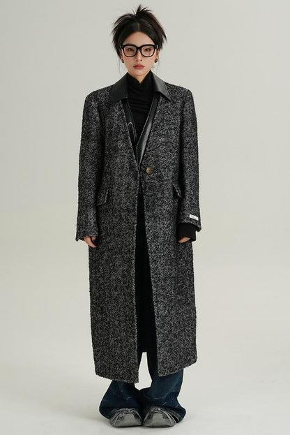 Collar Patchwork Woolen Long Coat