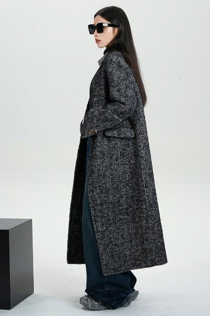 Collar Patchwork Woolen Long Coat