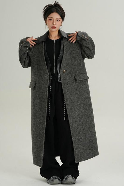 Collar Patchwork Woolen Long Coat