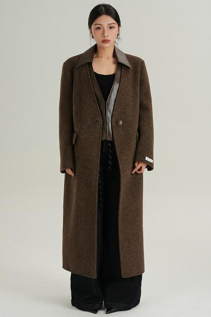 Collar Patchwork Woolen Long Coat