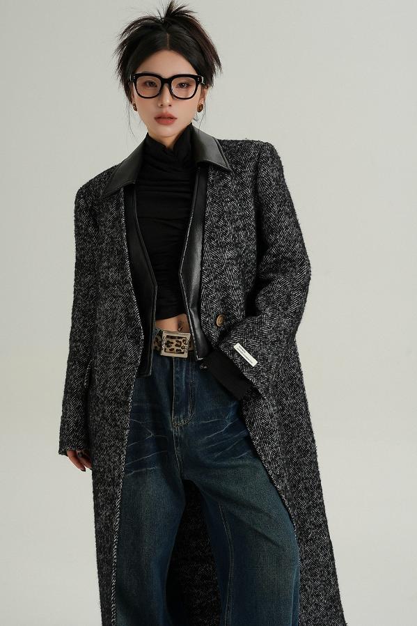 Collar Patchwork Woolen Long Coat