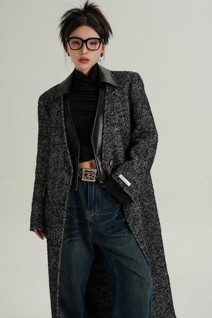 Collar Patchwork Woolen Long Coat