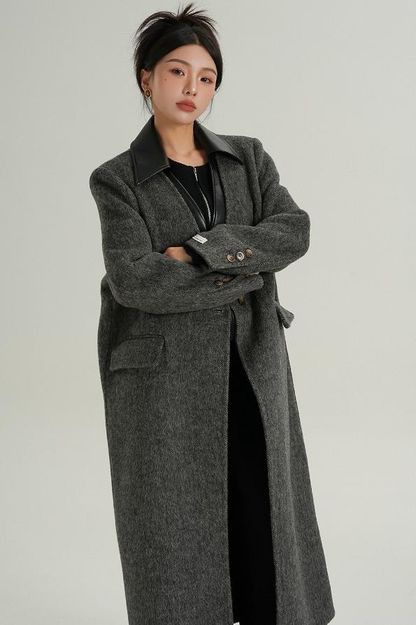 Collar Patchwork Woolen Long Coat