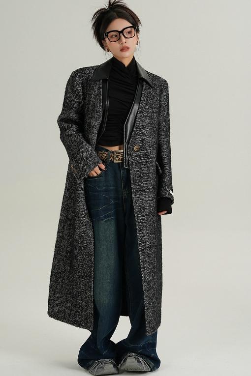 Collar Patchwork Woolen Long Coat