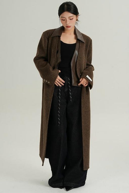 Collar Patchwork Woolen Long Coat