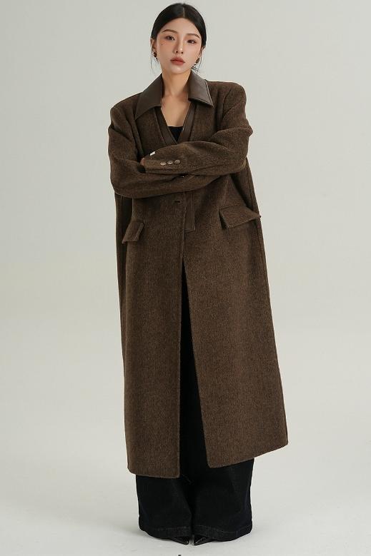 Collar Patchwork Woolen Long Coat