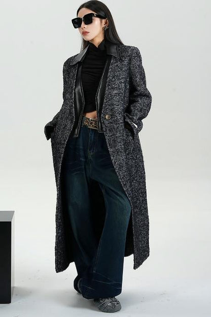 Collar Patchwork Woolen Long Coat