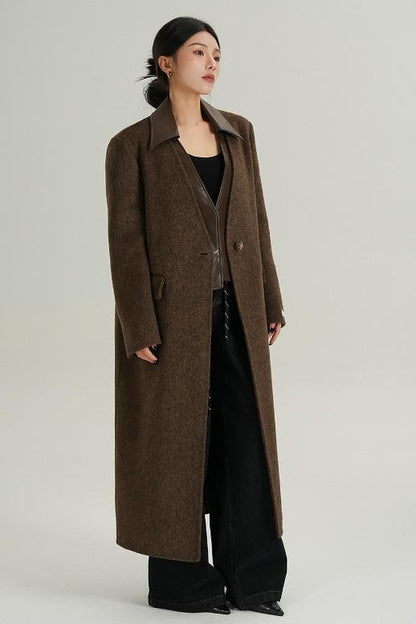 Collar Patchwork Woolen Long Coat