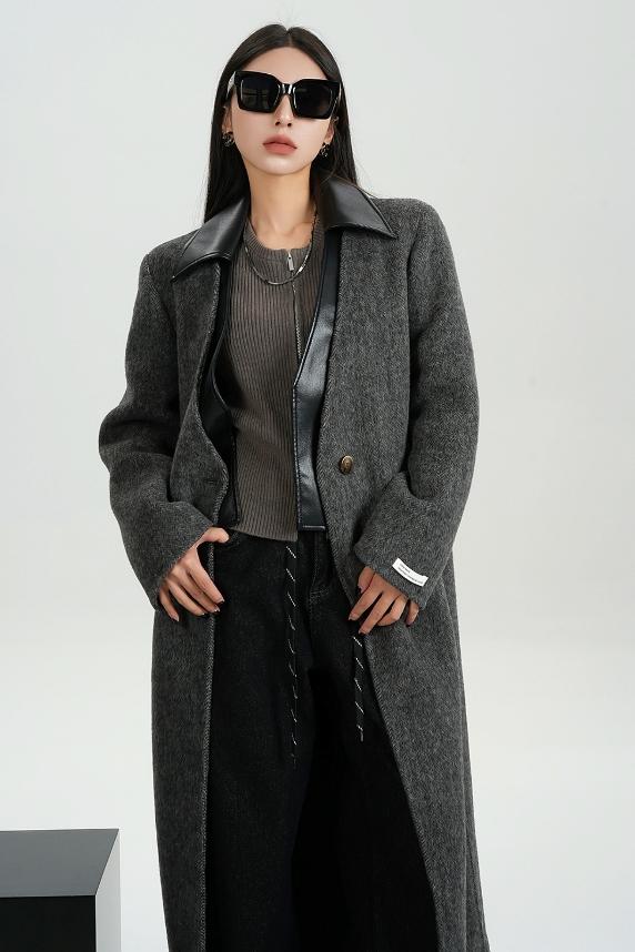 Collar Patchwork Woolen Long Coat