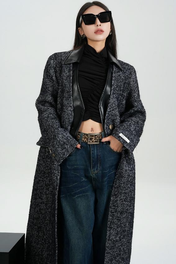 Collar Patchwork Woolen Long Coat