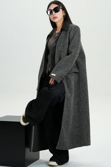 Collar Patchwork Woolen Long Coat