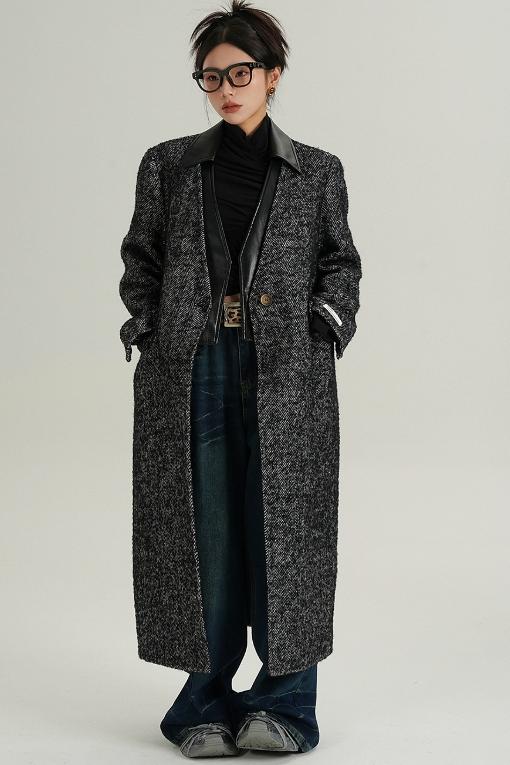 Collar Patchwork Woolen Long Coat