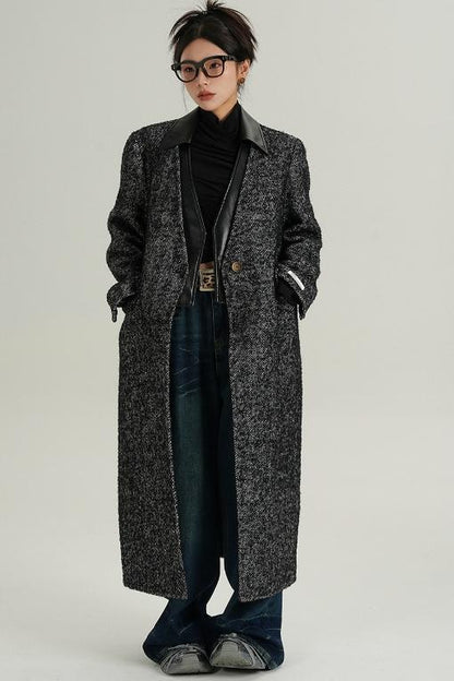 Collar Patchwork Woolen Long Coat