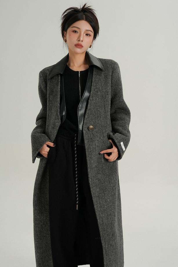 Collar Patchwork Woolen Long Coat