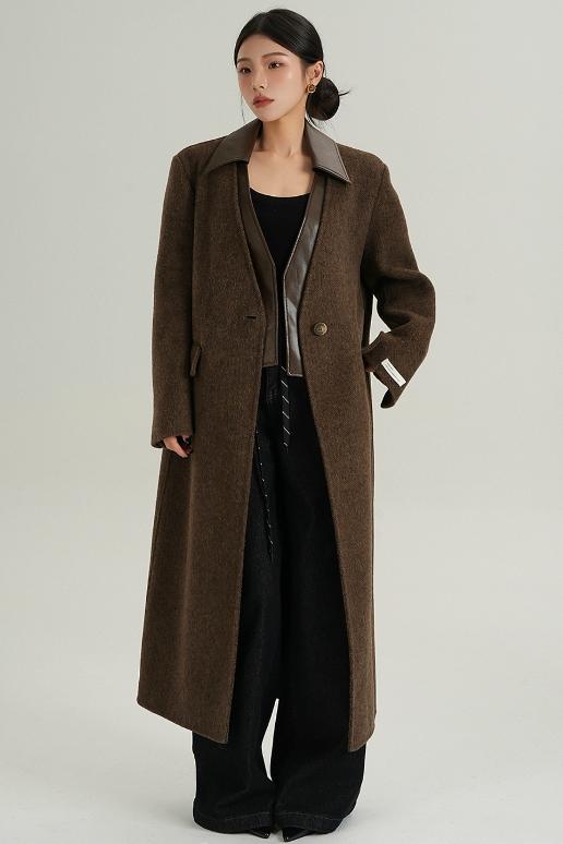 Collar Patchwork Woolen Long Coat