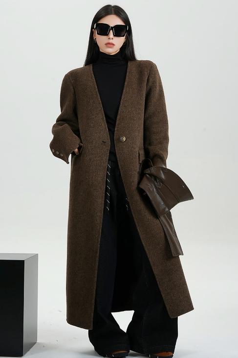 Collar Patchwork Woolen Long Coat