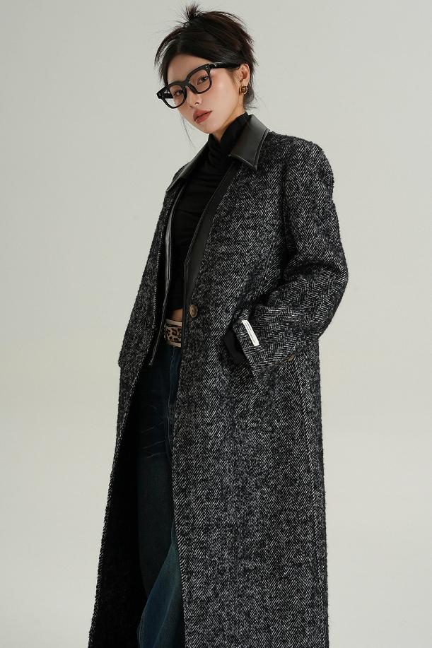 Collar Patchwork Woolen Long Coat