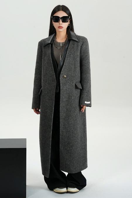 Collar Patchwork Woolen Long Coat