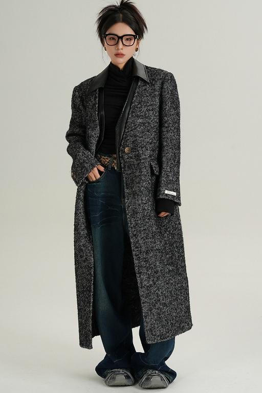 Collar Patchwork Woolen Long Coat