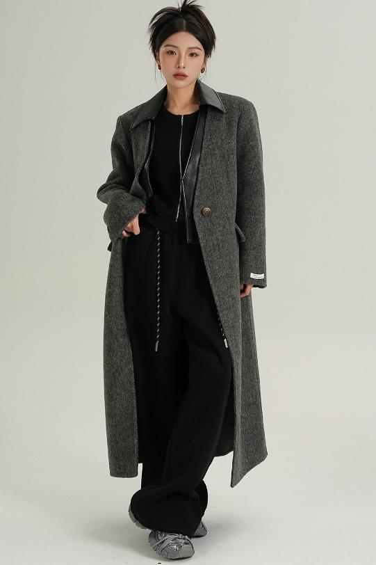 Collar Patchwork Woolen Long Coat