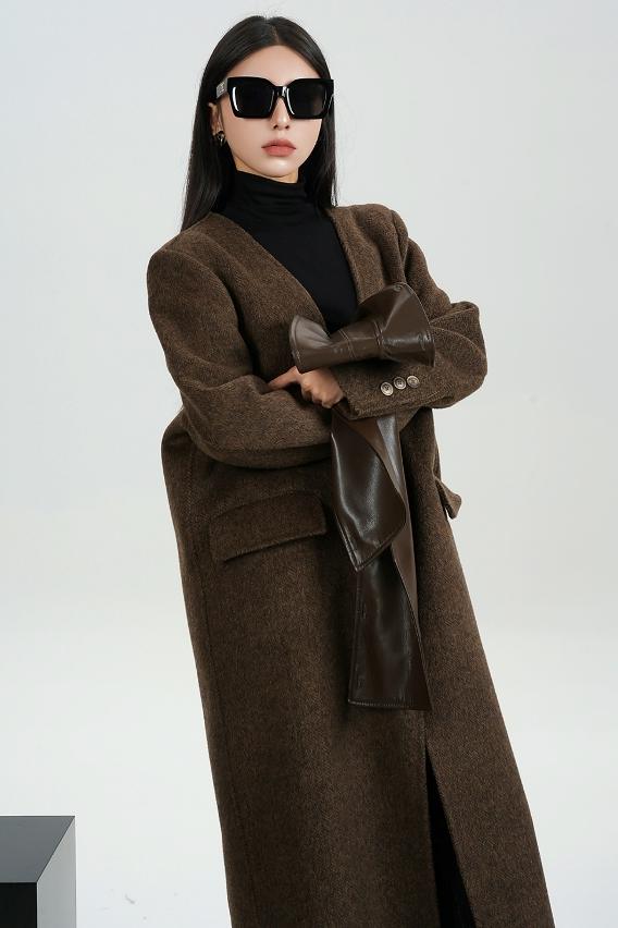 Collar Patchwork Woolen Long Coat