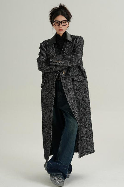 Collar Patchwork Woolen Long Coat