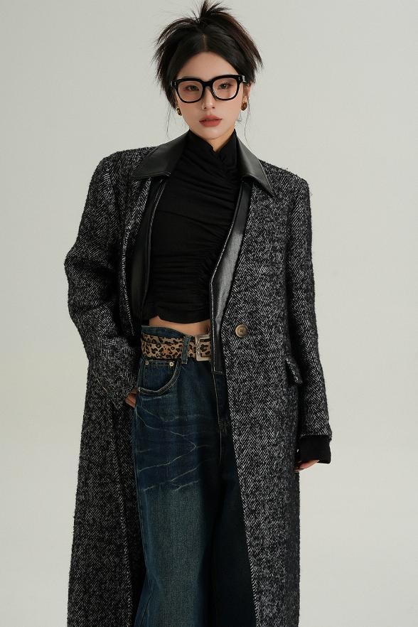 Collar Patchwork Woolen Long Coat