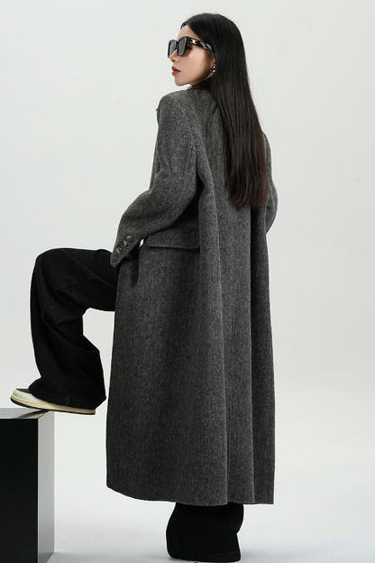 Collar Patchwork Woolen Long Coat