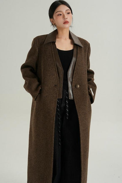 Collar Patchwork Woolen Long Coat