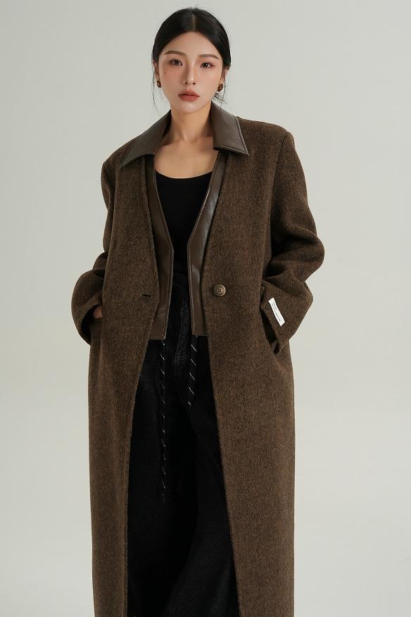 Collar Patchwork Woolen Long Coat