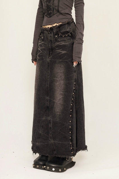 OCTTFLAB Original American Retro Design Denim Rock Women's 2024 Distressed Button A-Line Long Skirt