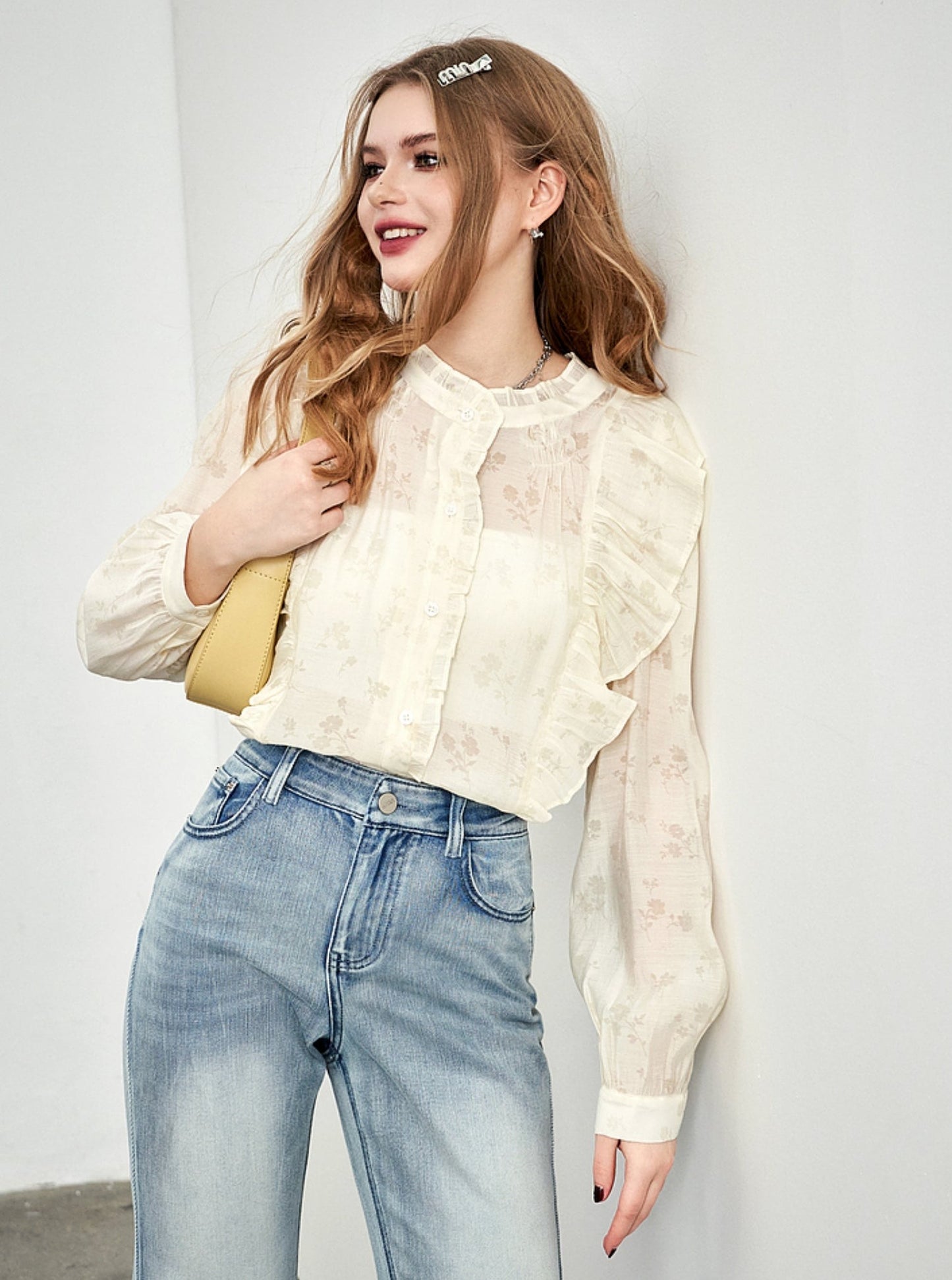 Balloon Sleeve Floral Chiffon Shirt